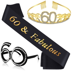 60th Birthday Crown, Satin Sash and Crystal Frame Eyeglasses Set for 60th Birthday Party Decorations Supplies